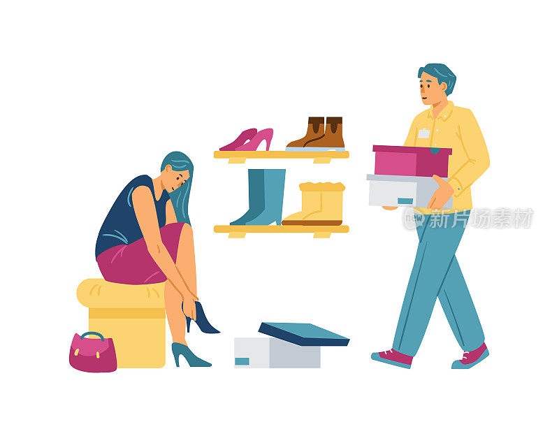 女士坐在长凳上，测量鞋子在鞋店，卖家帮助选择