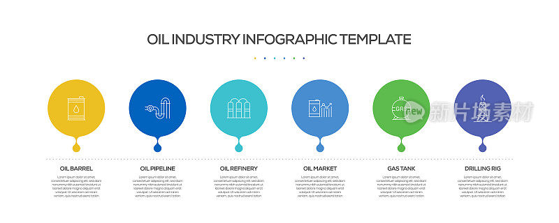 石油工业相关流程信息图表模板。过程时间图。带有线性图标的工作流布局