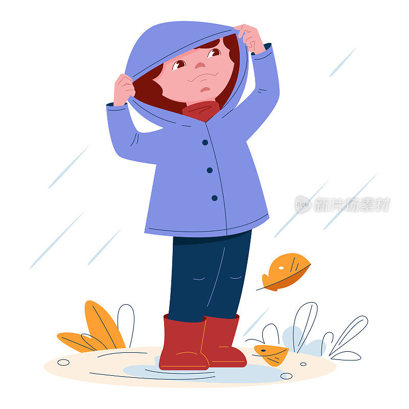可爱的小女孩穿着雨衣戴着兜帽穿着橡胶靴在雨中。矢量插图在卡通风格。