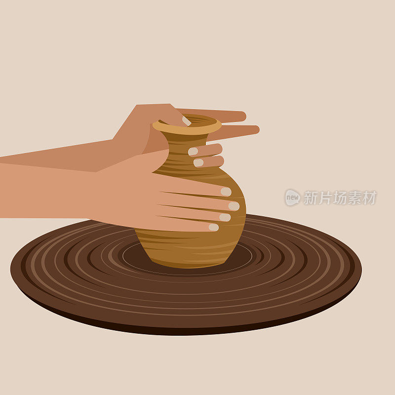 用手在纺车上捏制罐的传统陶器制作方法