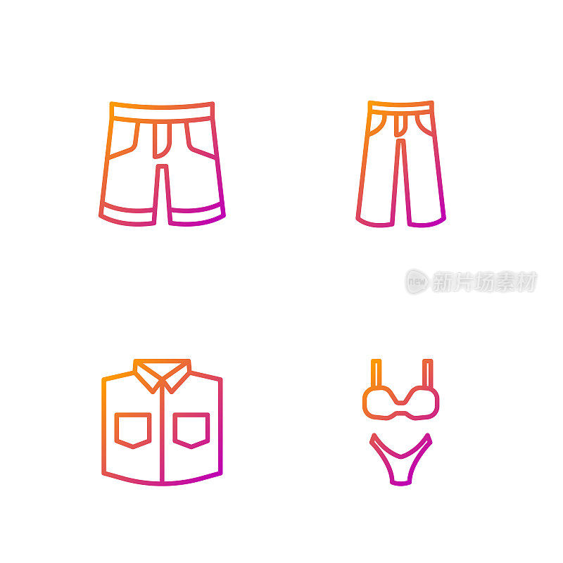 设置线泳装，衬衫，短裤或裤子和裤子。渐变颜色图标。向量