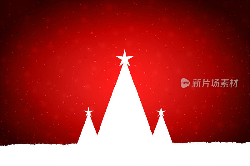 闪闪发光的圣诞节矢量水平红色背景与三个白色的三角形树与星星在顶部和雪在明亮的充满活力的栗色背景与闪亮的点点