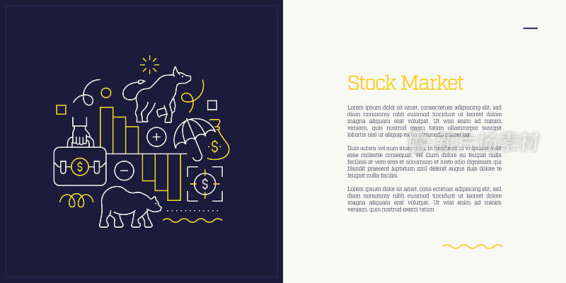 向量集说明股票市场的概念。线条艺术风格的网页，横幅，海报，印刷等背景设计。矢量插图。