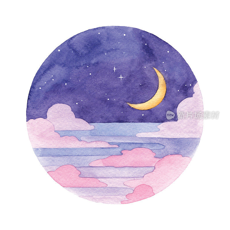 水彩夜空与月亮和星星