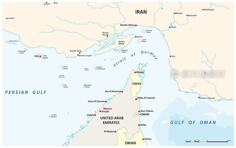 霍尔木兹海峡、伊朗、阿曼的矢量图