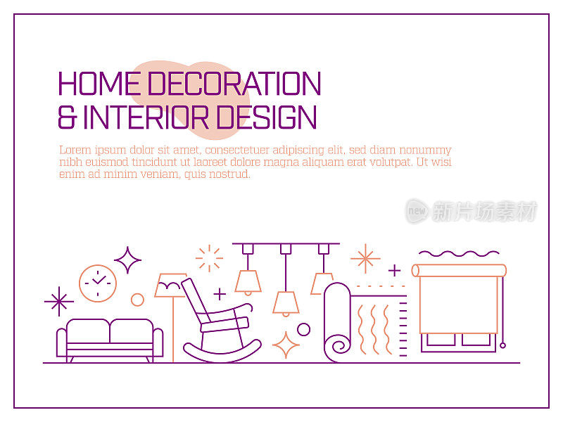 家庭装饰和室内设计相关向量横幅设计概念，现代线条风格与图标
