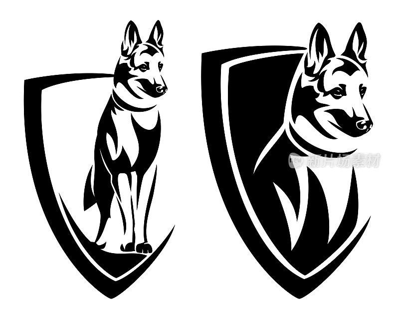 德国牧羊犬在简单的纹章盾牌黑白矢量徽章