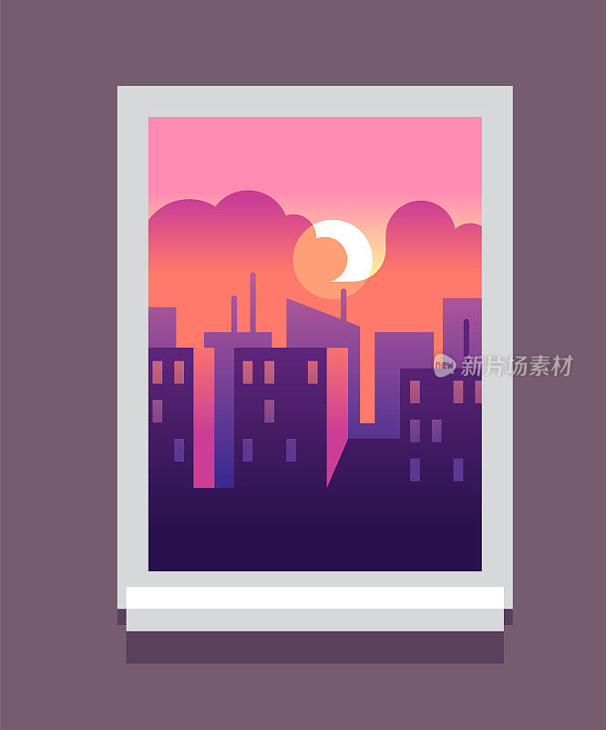 从公寓的日落城市景观。窗框中的城市