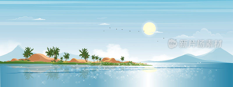 海景蔚蓝的海洋，阳光明媚的春天岛上椰子树，背景海海滩景观与天空和云彩在早上，矢量美丽的自然海滨的夏季假期背景
