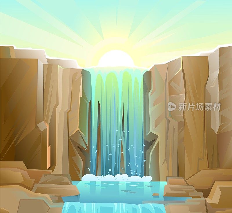 岩石瀑布。美丽的阳光灿烂的风景。级联向下闪闪发光。水的流动。向量