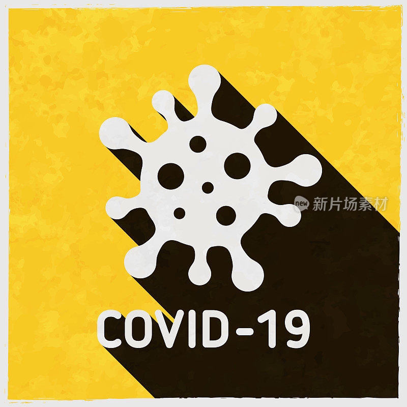 COVID-19细胞。图标与长阴影的纹理黄色背景