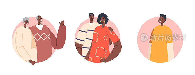 大快乐的现代非洲家庭人物圆图标，父母，祖父母和孩子。父亲，母亲和孩子的关系