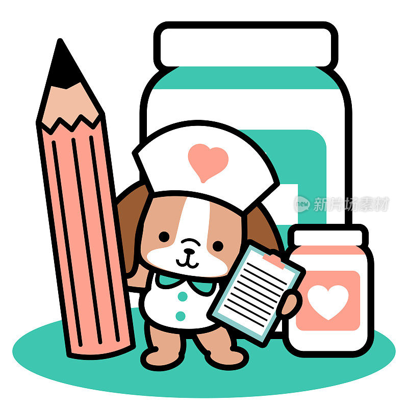 一个可爱的狗护士站在大药瓶前，手里拿着一支大铅笔和医疗记录