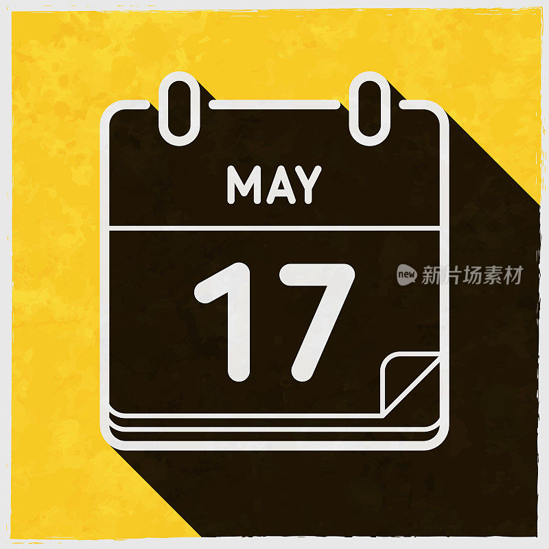 5月17日。图标与长阴影的纹理黄色背景