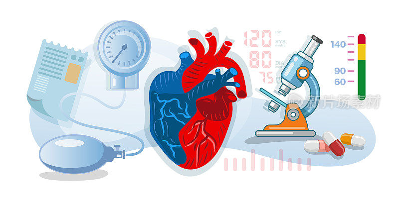 平面矢量插图显微镜检查人类心脏
