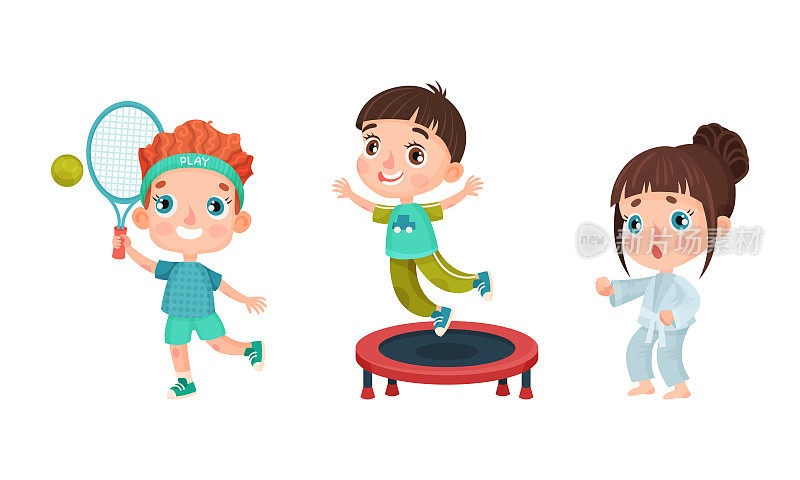 一组孩子在做运动。小男孩女孩打网球、跳蹦床和练空手道，儿童活动卡通矢量插画
