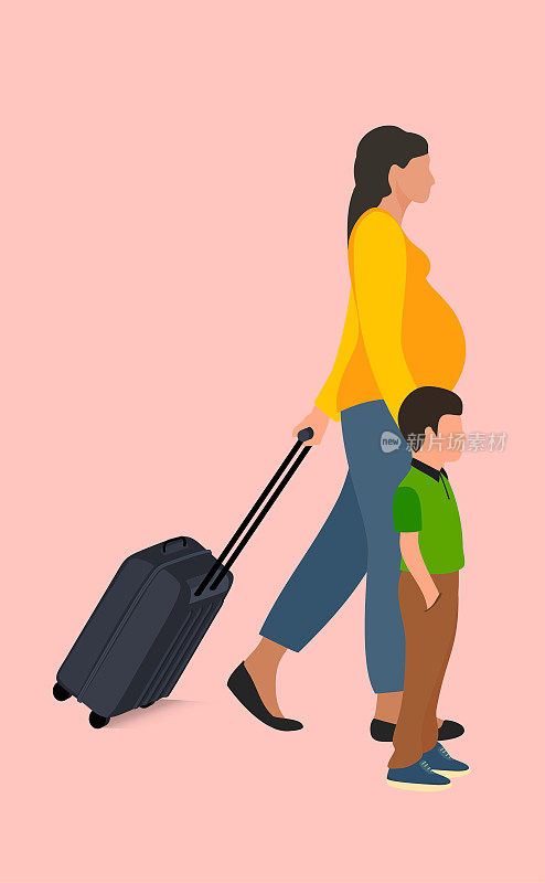 旅行者Vector详细性格。孕妇带着小男孩拖着手提箱