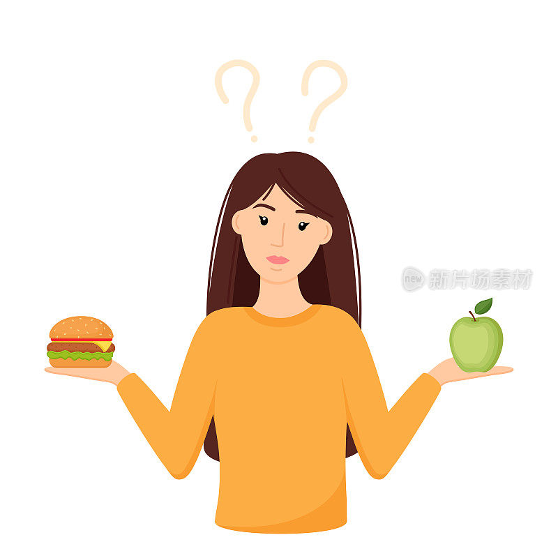 在健康食品和不健康食品之间做选择的女人。在苹果和汉堡之间做个选择。概念向量插图
