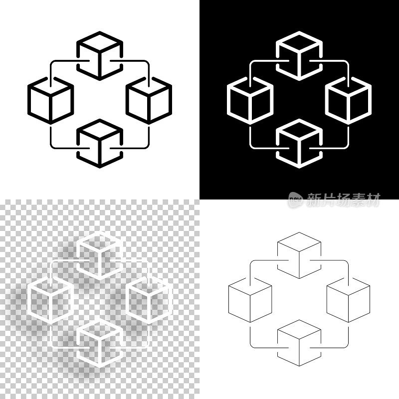 区块链技术。图标设计。空白，白色和黑色背景-线图标