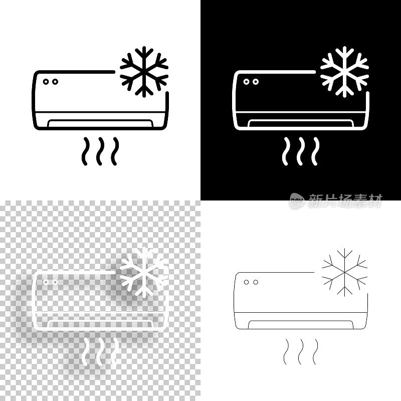 有雪花的空调。图标设计。空白，白色和黑色背景-线图标