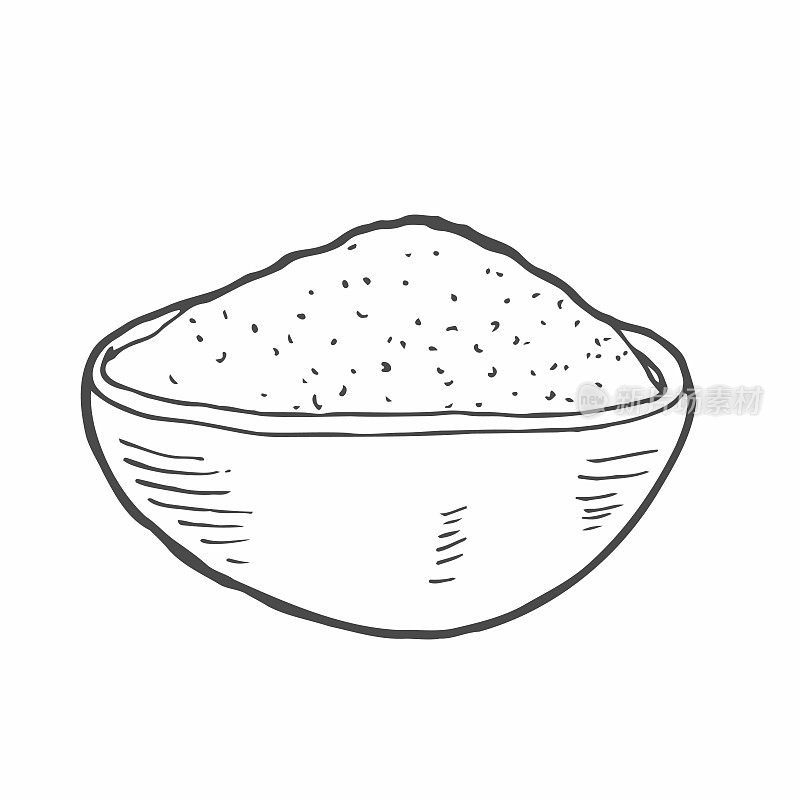 木碗装食物-小品粉，大米，海盐，螺旋藻，香料，土豆，燕麦，糖，粥，斯特拉丝，咖喱。涂鸦手绘矢量插图，在白色背景上孤立的复古画
