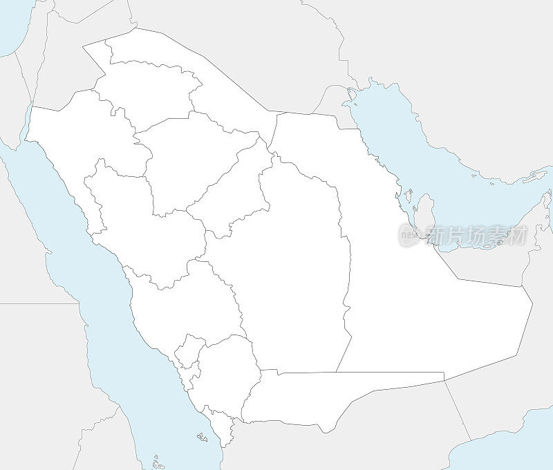 沙特阿拉伯的矢量空白地图，有省份和行政区划，以及邻国。可编辑和明确标记层。