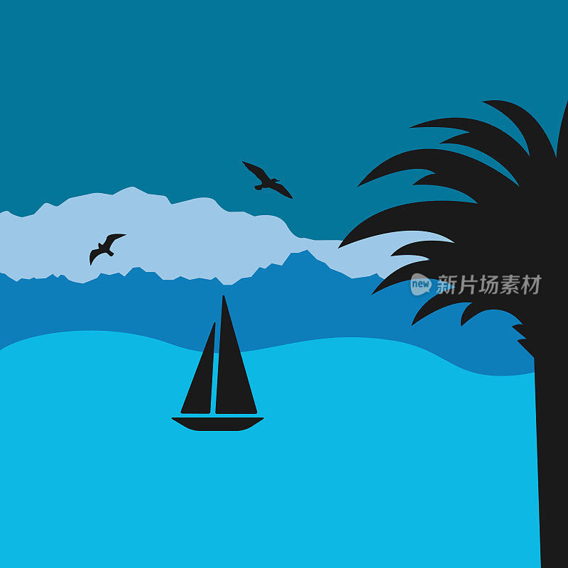 蓝色背景上的帆船、海鸥和棕榈树剪影