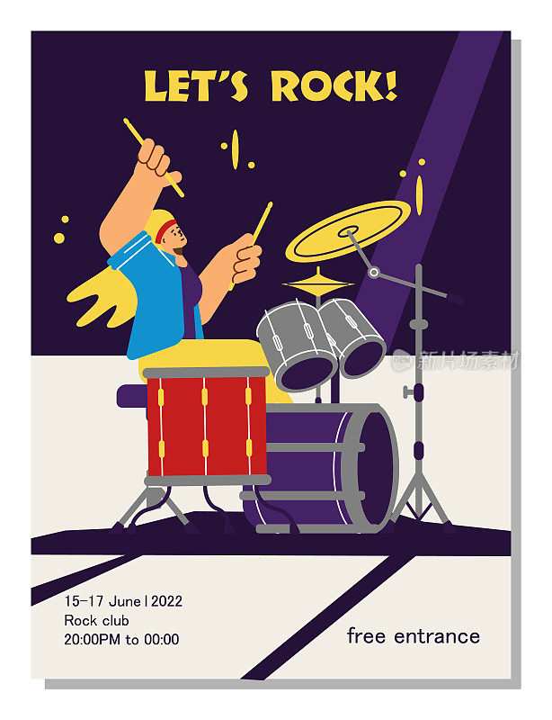 摇滚音乐会的邀请海报，女人在舞台上打鼓，平面矢量插图。