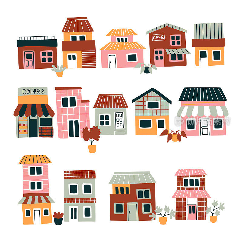 房屋建筑城市景观。矢量彩色房屋外观平面插画。