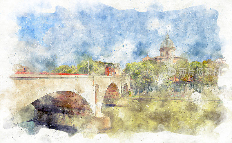 横跨罗马城市Tuber的桥的景色