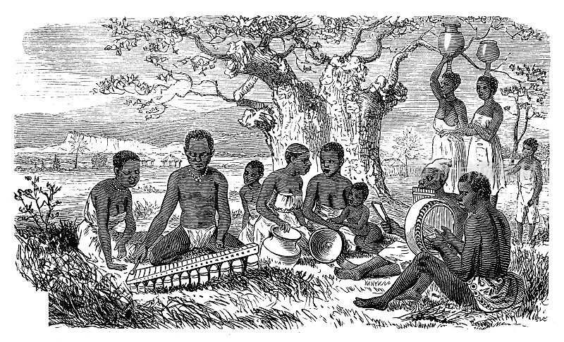 古董插图，民族志和土著文化:非洲，祖鲁音乐和水载体