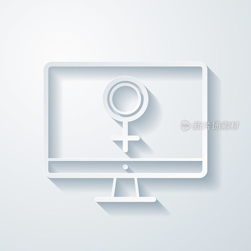 有女性符号的台式电脑。空白背景上剪纸效果的图标