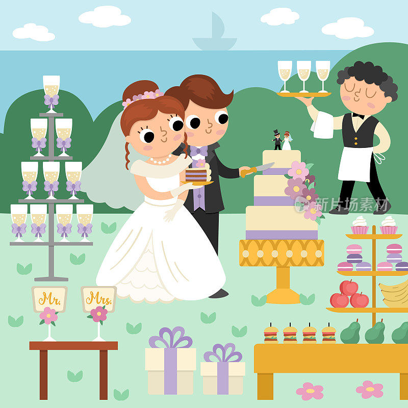 向量婚礼现场与可爱的新婚夫妇。新郎新娘的婚礼风景。丈夫和妻子在糖果棒附近切蛋糕
