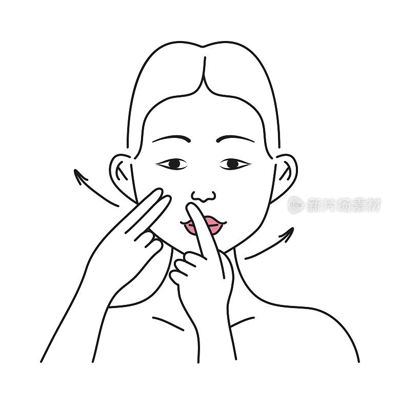 面部按摩。女子在做面部按摩，以线条的风格展示手部运动概念。在家面部皮肤护理。