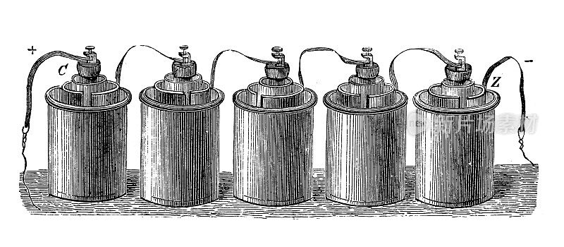 古董插画、物理原理与实验、电磁学:本生电池