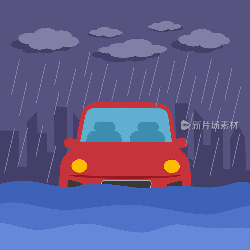 城市中汽车泛滥概念矢量插图。大雨下淹车天气自然灾害。