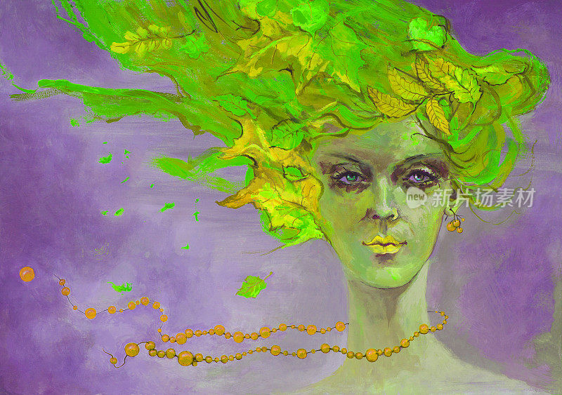 插图油画肖像的女孩与一个明亮的树叶和珠子的成熟浆果对着天空的发型