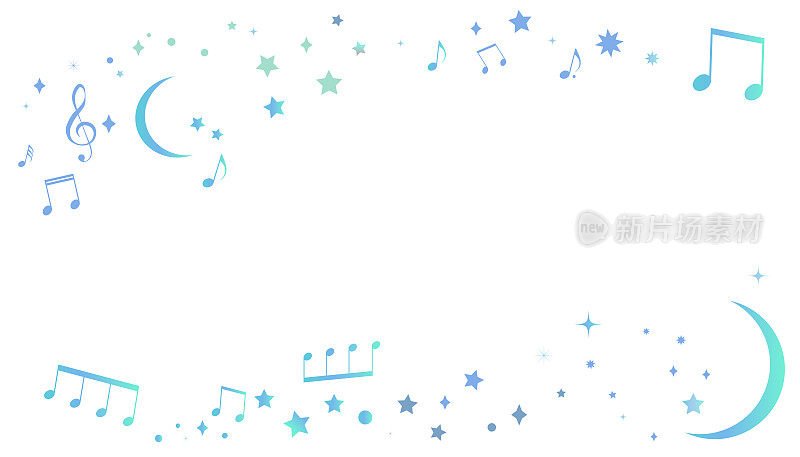 一幅由一颗星星、一弯新月和一个受夜空启发的音符构成的画框插图
