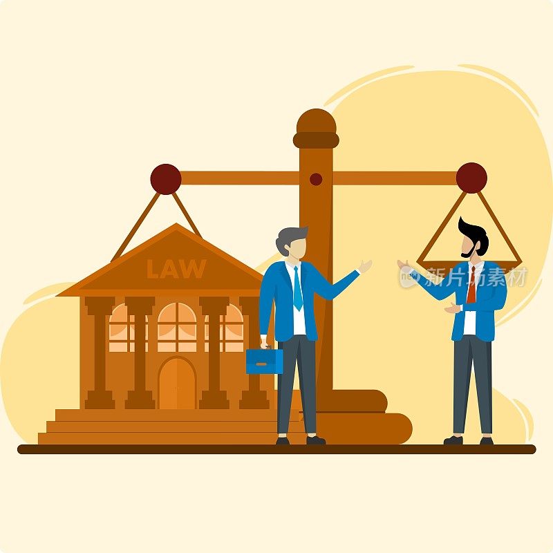 法律和正义的场景。咨询律师，为客户提供建议，衡量正义。法律咨询的概念。平面卡通矢量插图和图标集。