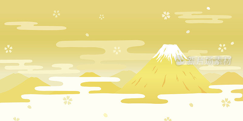富士山和金色折叠屏。日本新年贺卡。