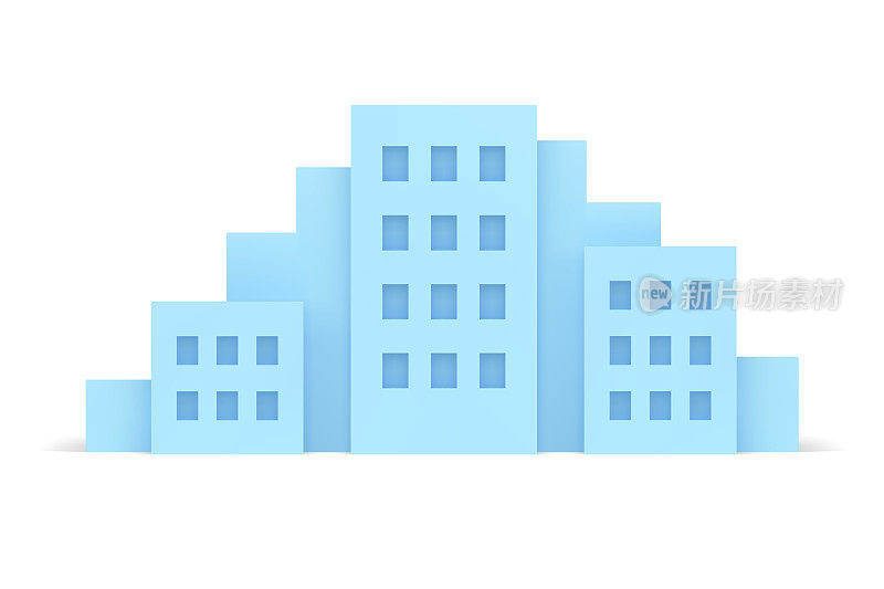 城市建筑蓝色多层蓝色房屋立面窗户逼真的三维图标矢量插画