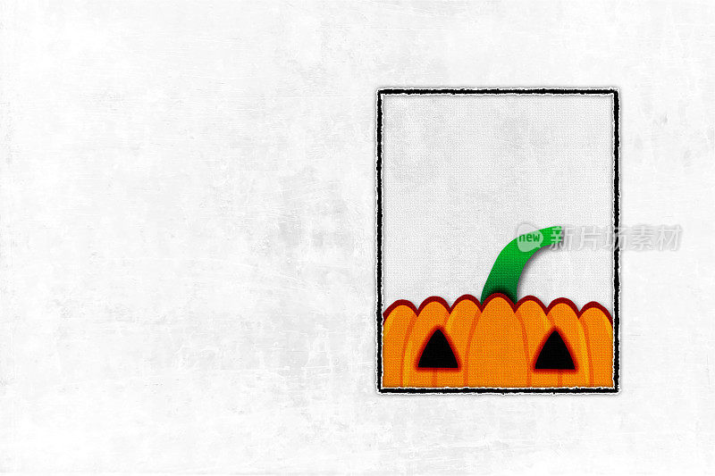 橙色雕刻南瓜与绿色茎或杰克灯恐怖幽灵乡村万圣节主题人物窥视在横向纹理效果背景在三维或三维涂鸦在粗糙的刮花墙