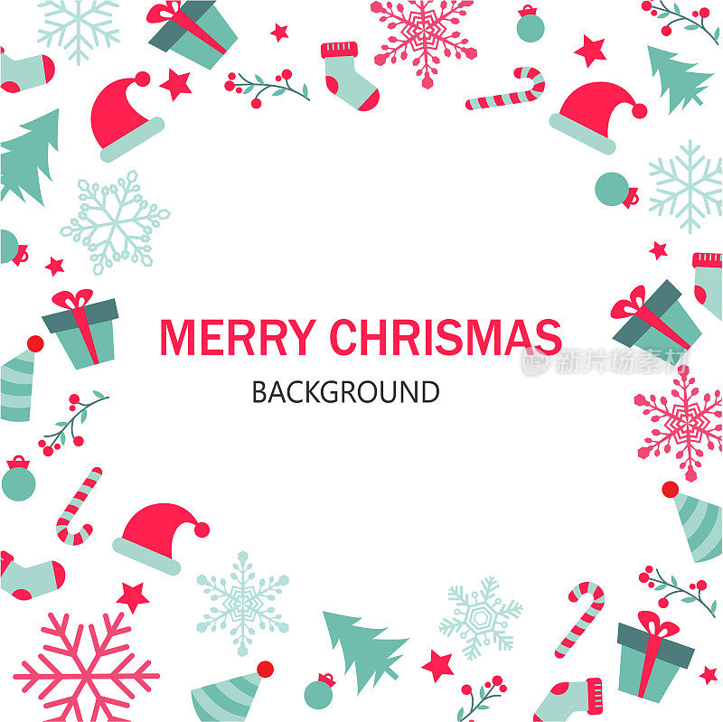 白色背景镶边圣诞快乐。圣诞贺卡上有松树、礼物和雪花。平面设计中的矢量插图。Copy-space文本。