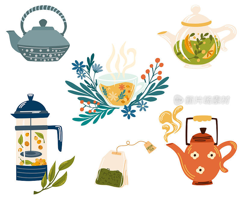 花草茶。马克杯与茶浆果和树叶收集。天然热饮有益于健康。药剂师的自然健康海报，有机，花草茶，野花和草药。矢量图