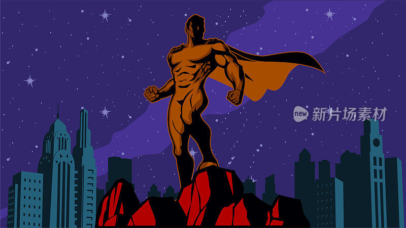 矢量复古超级英雄剪影海报矢量在一个城市插图