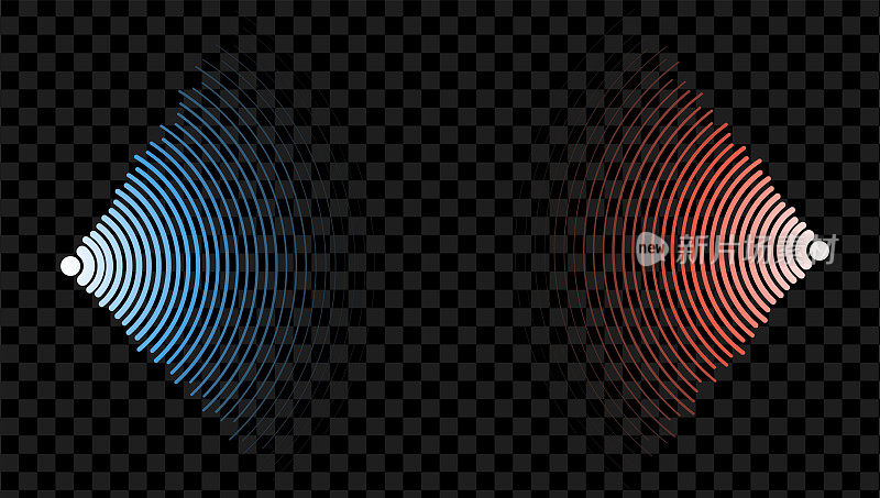 红色和蓝色的抽象风格。水波纹。抽象声音蓝光效果。声纳声波。矢量隔离图