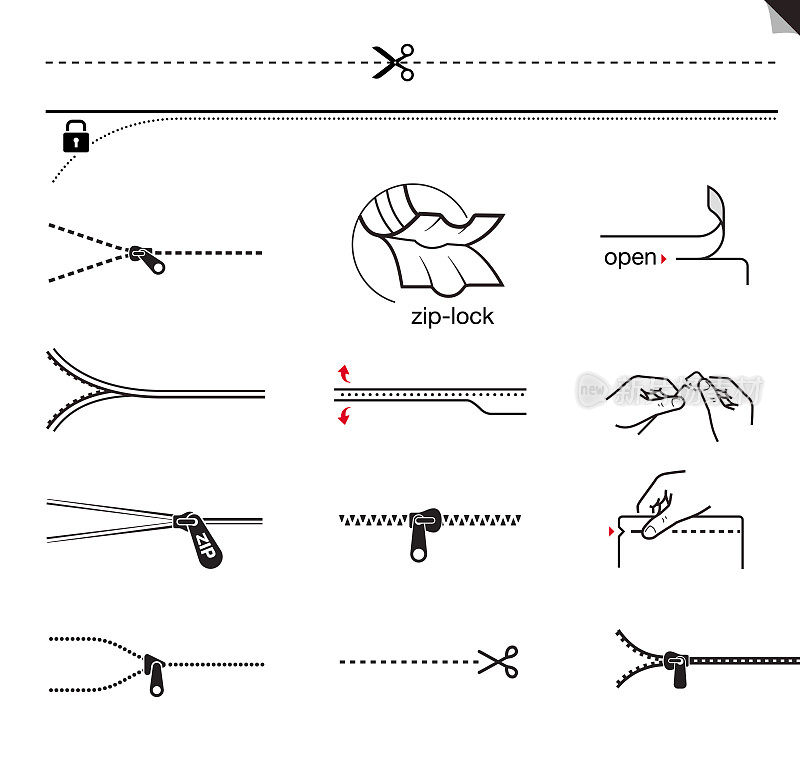 拉链和剪刀的一组图标。