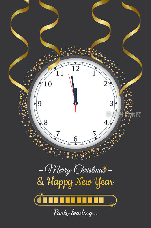 2023年新年快乐。金色金属数字2023，黄金手表与罗马数字倒计时午夜与现实彩纸。加载条上闪烁的背景。矢量图
