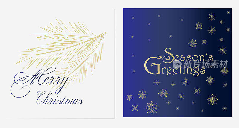 一套新年和圣诞贺卡背景，问候与节日气氛和装饰元素，圣诞树，鹿，树枝，自然，铭文。公司的明信片。