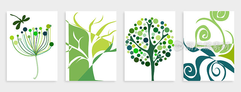 矢量手绘树绿色植物图案卡片旗帜抽象创意通用艺术模板背景。套装适用于海报、名片、邀请函、传单、封面、横幅、海报、宣传册等平面设计